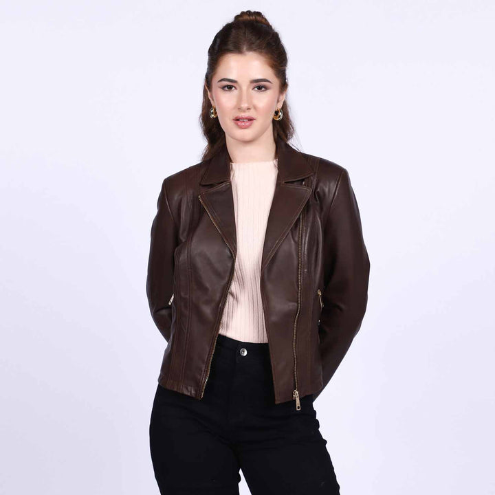 Saint Ginevra brown leather biker jacket for women UK, front view