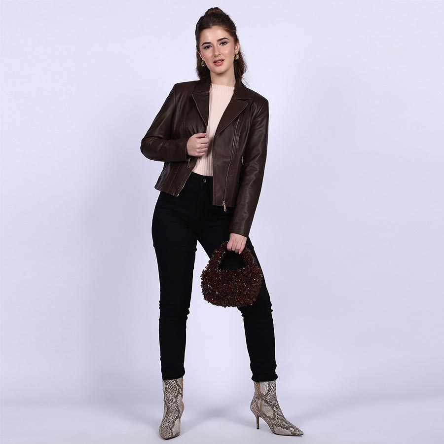 Brown leather biker jacket for women UK, styled full-length lifestyle shot