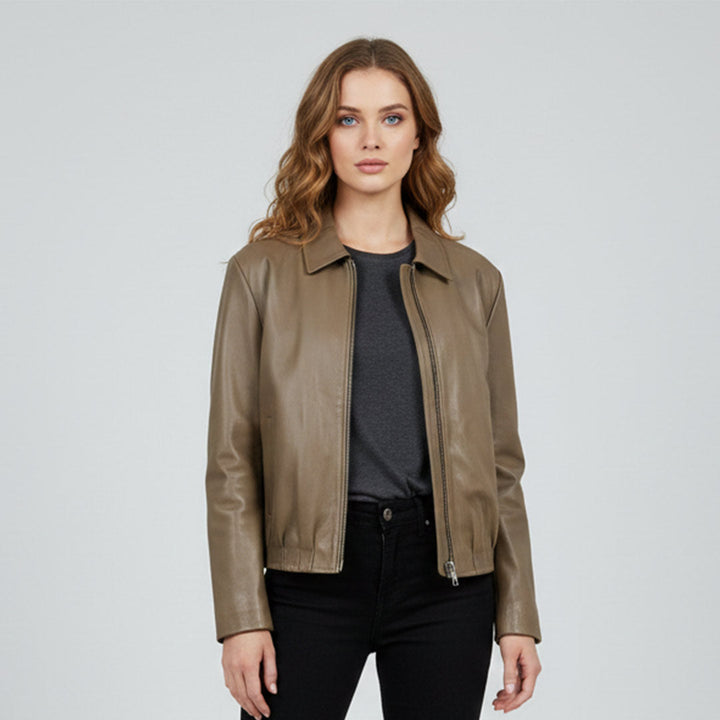 Saint Ginevra olive leather jacket for women UK, front view with point shirt collar