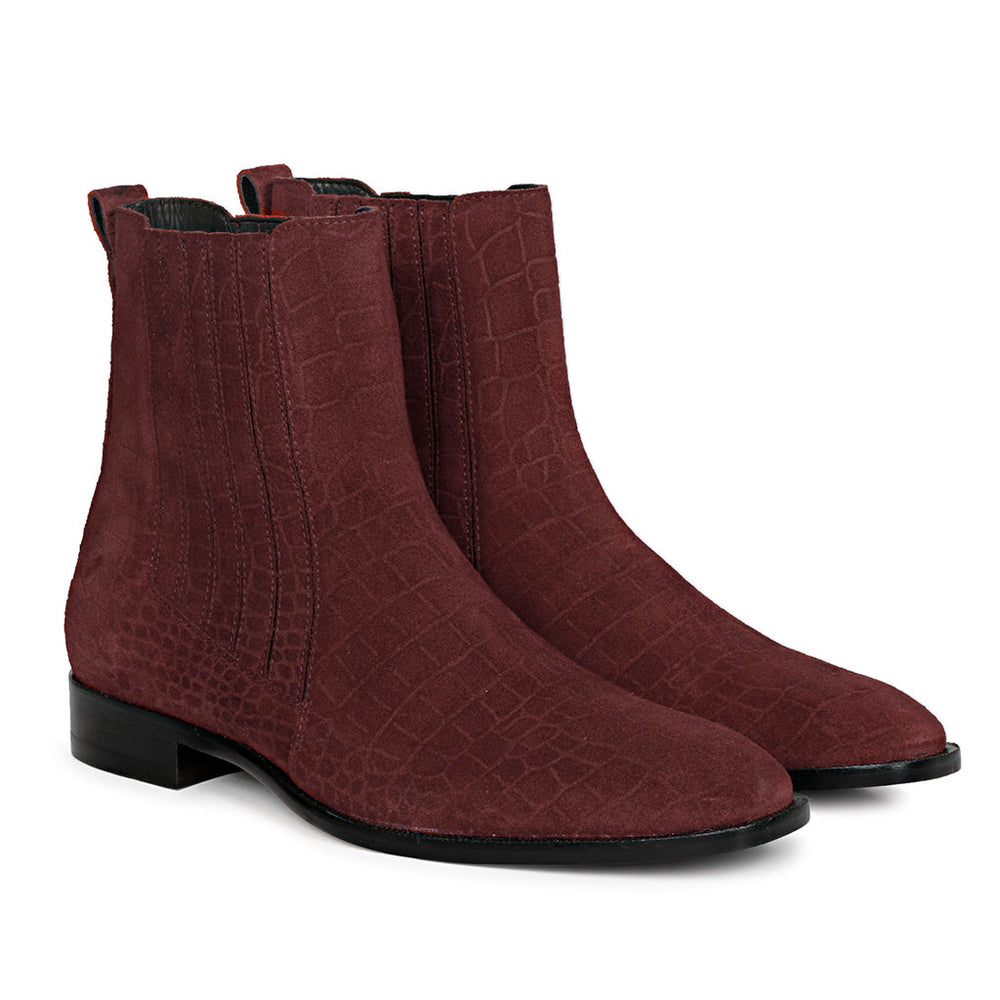 Saint Gorile mens luxury chelsea boots burgundy croco suede – pair angle view