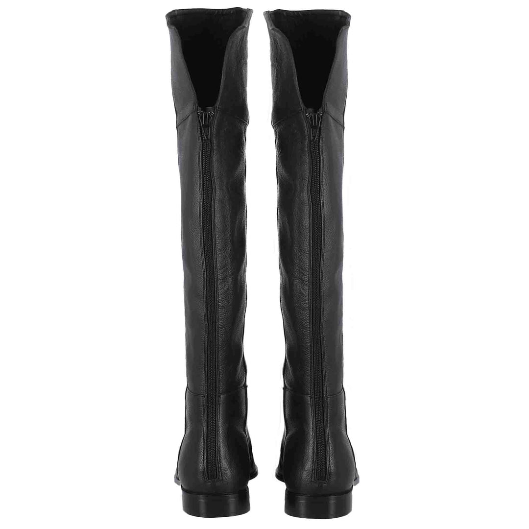 Saint Grace black leather above the knee boots UK, back pair view showing zip closure