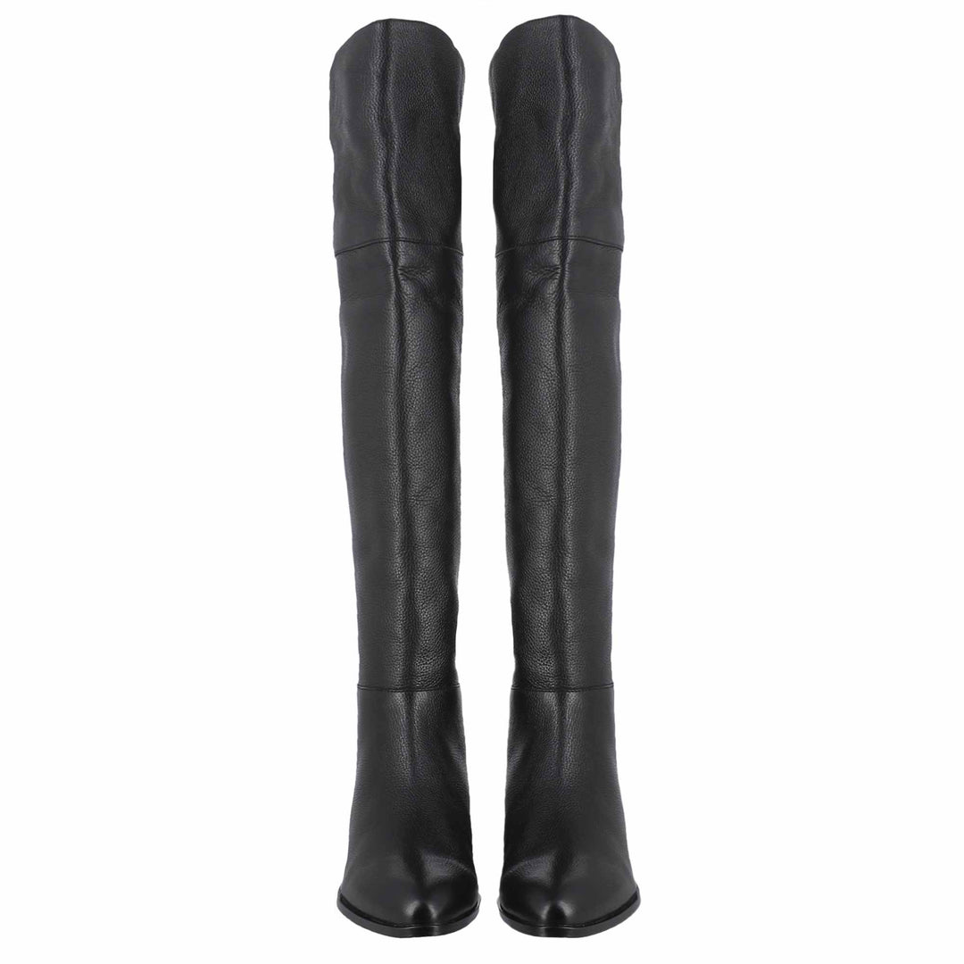 Women's black leather above the knee boots UK, front pair view