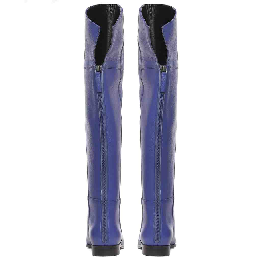 Saint Grace blue leather boots UK, back pair view showing zip closure