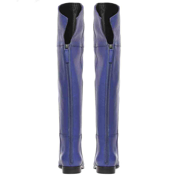 Saint Grace blue leather boots UK, back pair view showing zip closure