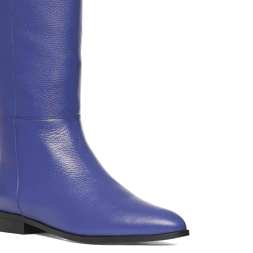 Close-up of toe and ankle on Saint Grace blue leather thigh high boots UK
