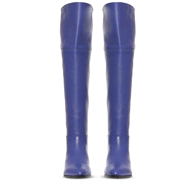 Women's blue leather thigh high boots UK, front pair view