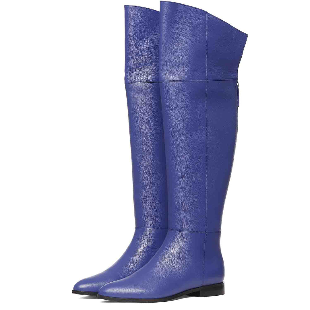 Blue leather thigh high boots for women UK, pair view