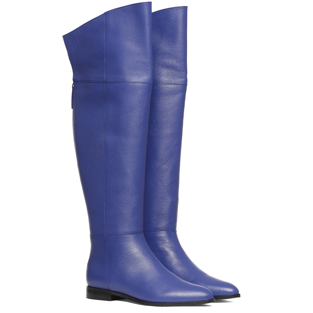 Blue leather thigh high boots for women UK, alternate side view