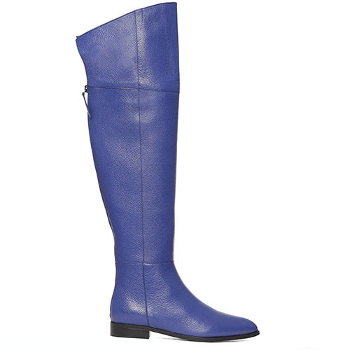 Saint Grace blue leather thigh high boots for women UK, side view