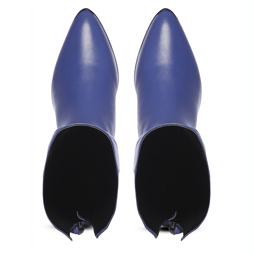 Saint Grace blue leather thigh high boots UK, top-down view of toe and interior