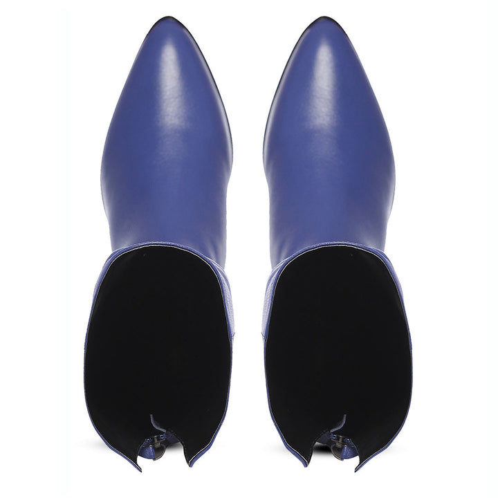Saint Grace blue leather thigh high boots UK, top-down view of toe and interior