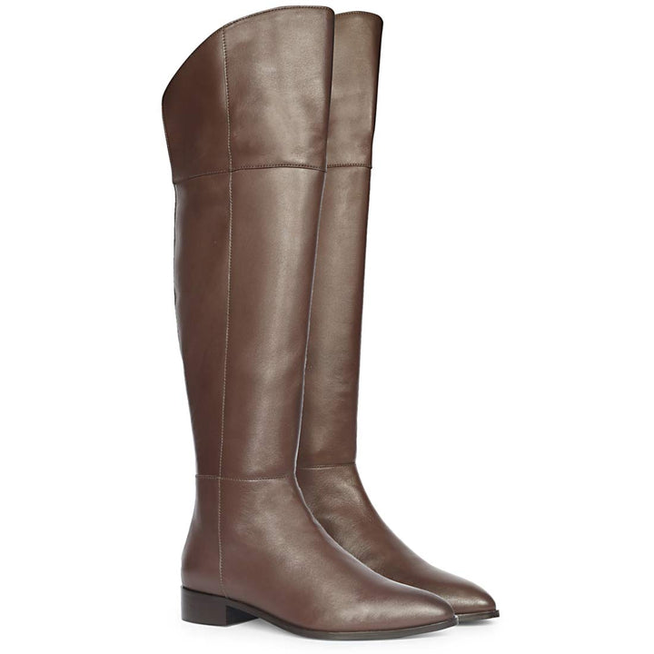 Brown leather above the knee boots for women UK, pair view