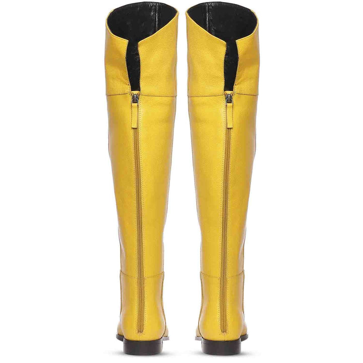 Saint Grace yellow leather boots UK, back pair view showing zip closure