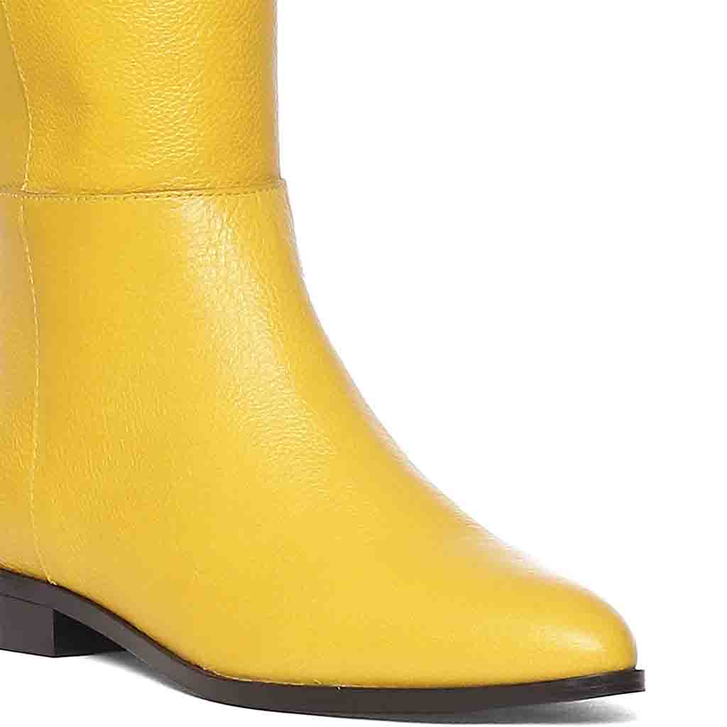 Close-up of toe and heel on Saint Grace yellow leather above the knee boots UK