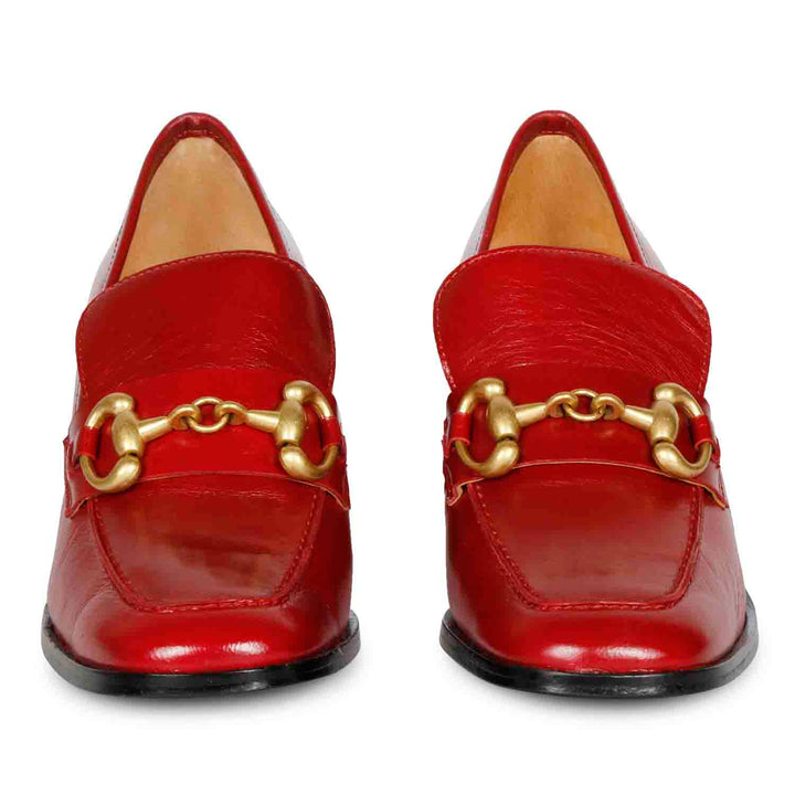 Best Ladies Red Leather Horsebit Loafers, Front View — Women's Shoes UK
