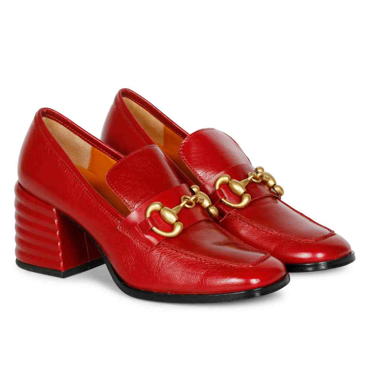 Ladies Red Leather Horsebit Loafers, Pair Angled View — Women's Shoes UK