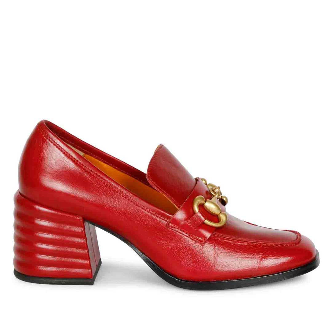 Best Women's Red Leather Horsebit Loafer, Side View, Block Heel — Ladies Shoes UK