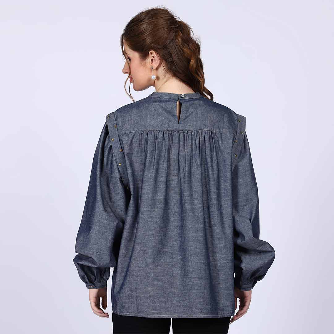 Saint grey cotton chambray top for women UK, back view with shoulder placket detail.