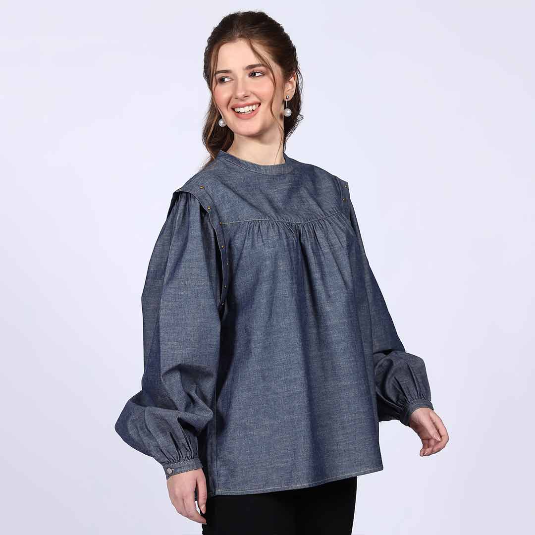 Women's grey cotton chambray top for women UK, three-quarter front view.