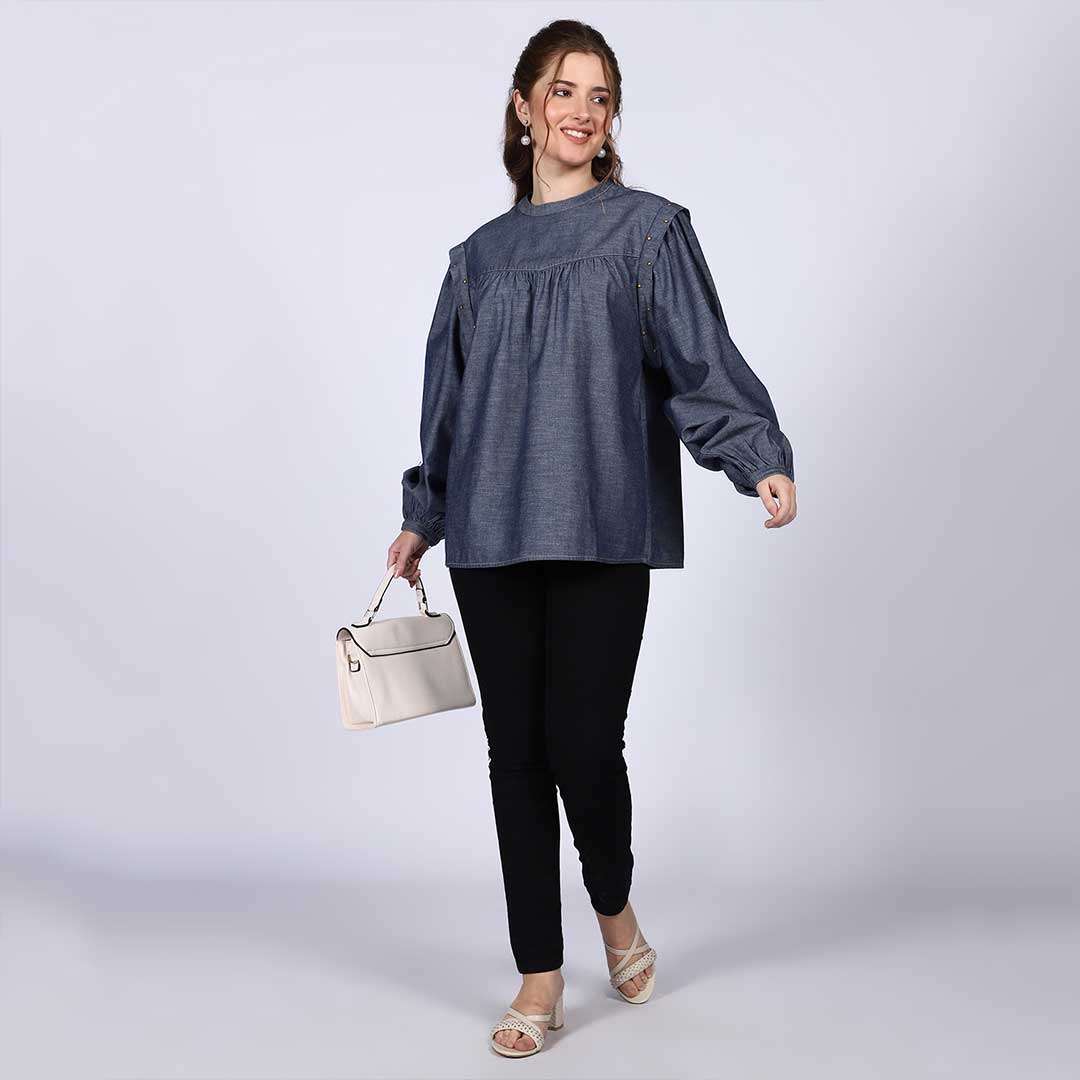 Women's grey cotton chambray top for women UK, front view styled with black trousers.