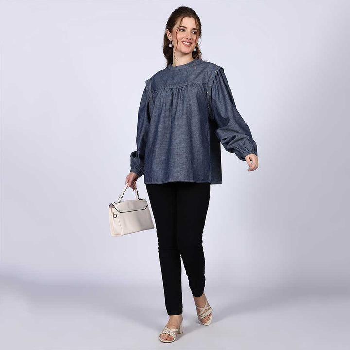 Women's grey cotton chambray top for women UK, front view styled with black trousers.