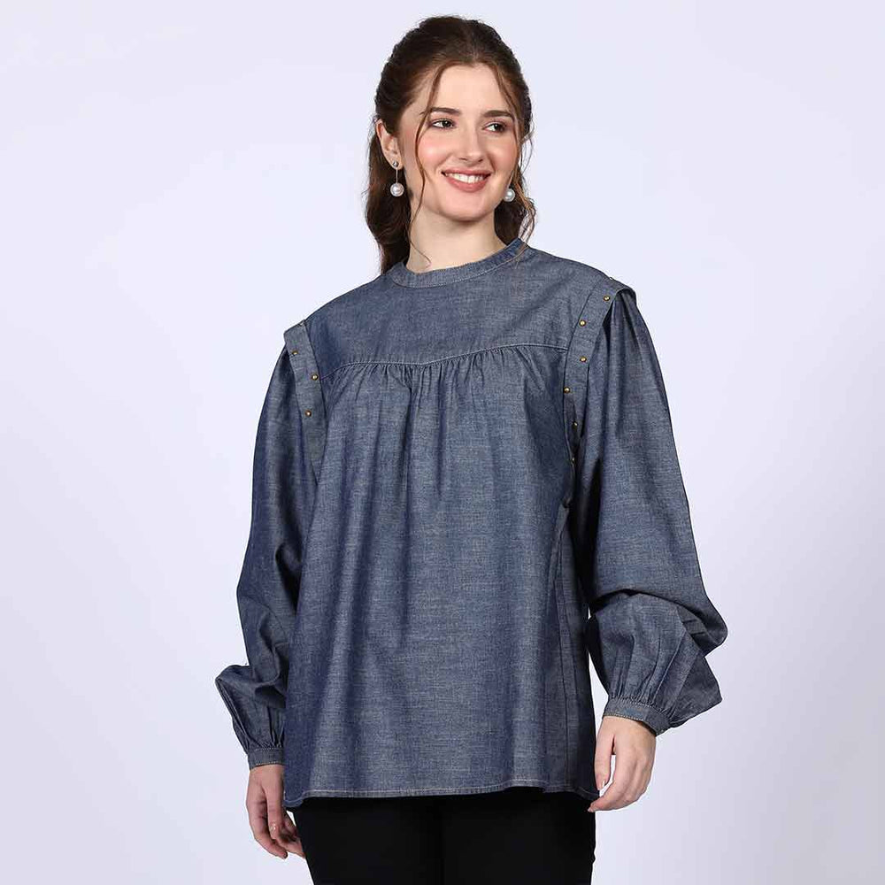 Saint grey cotton chambray top for women UK, front view showing snap-button shoulder placket.