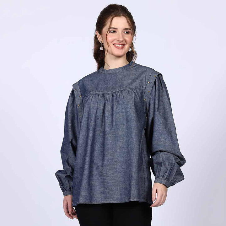 Saint grey cotton chambray top for women UK, front view showing snap-button shoulder placket.