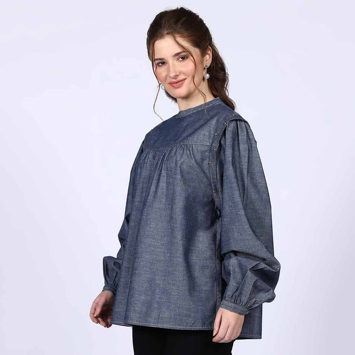 Women's grey cotton chambray top for women UK, side view.