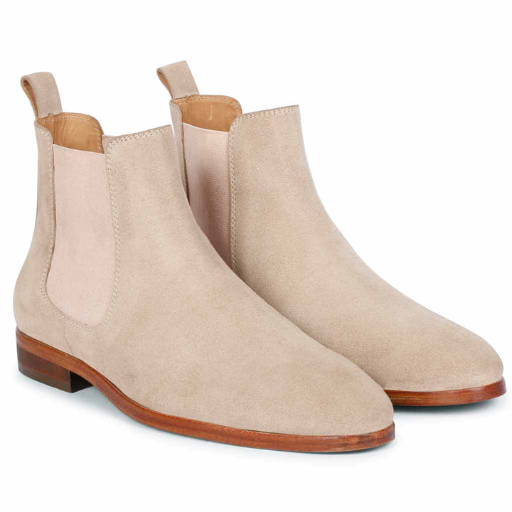 Saint Grimoald beige suede mens chelsea boots uk – pair angle view