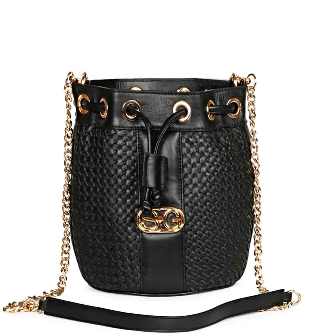 Saint Halsey black hand-woven leather bucket bag for women UK, front view with drawstring top and chain strap.