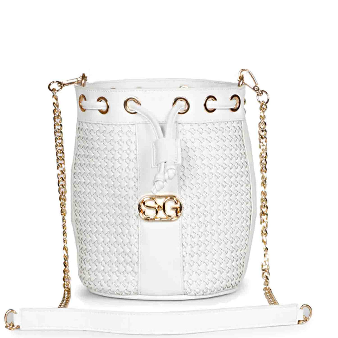 Saint Halsey white hand-woven leather bucket bag for women UK, front view with drawstring top and chain strap.