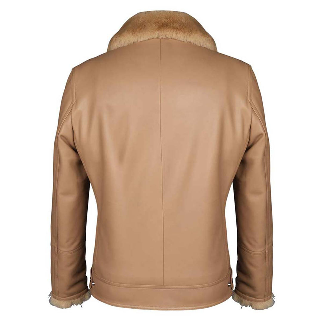 Back view of a beige leather biker jacket showing the shearling collar.