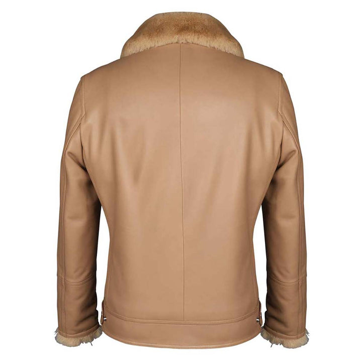 Back view of a beige leather biker jacket showing the shearling collar.