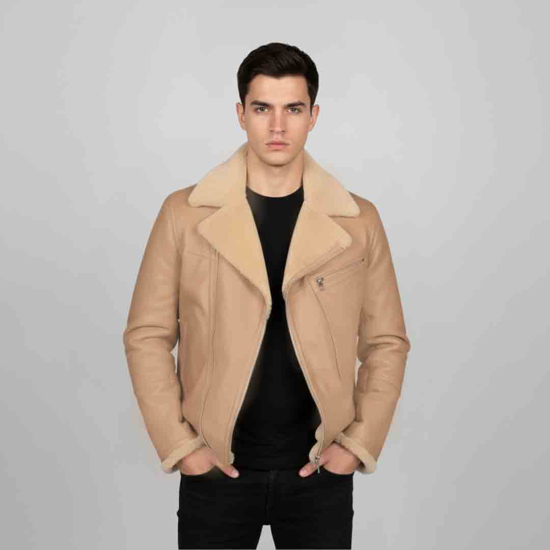 Man wearing an open beige leather biker jacket with a shearling collar.