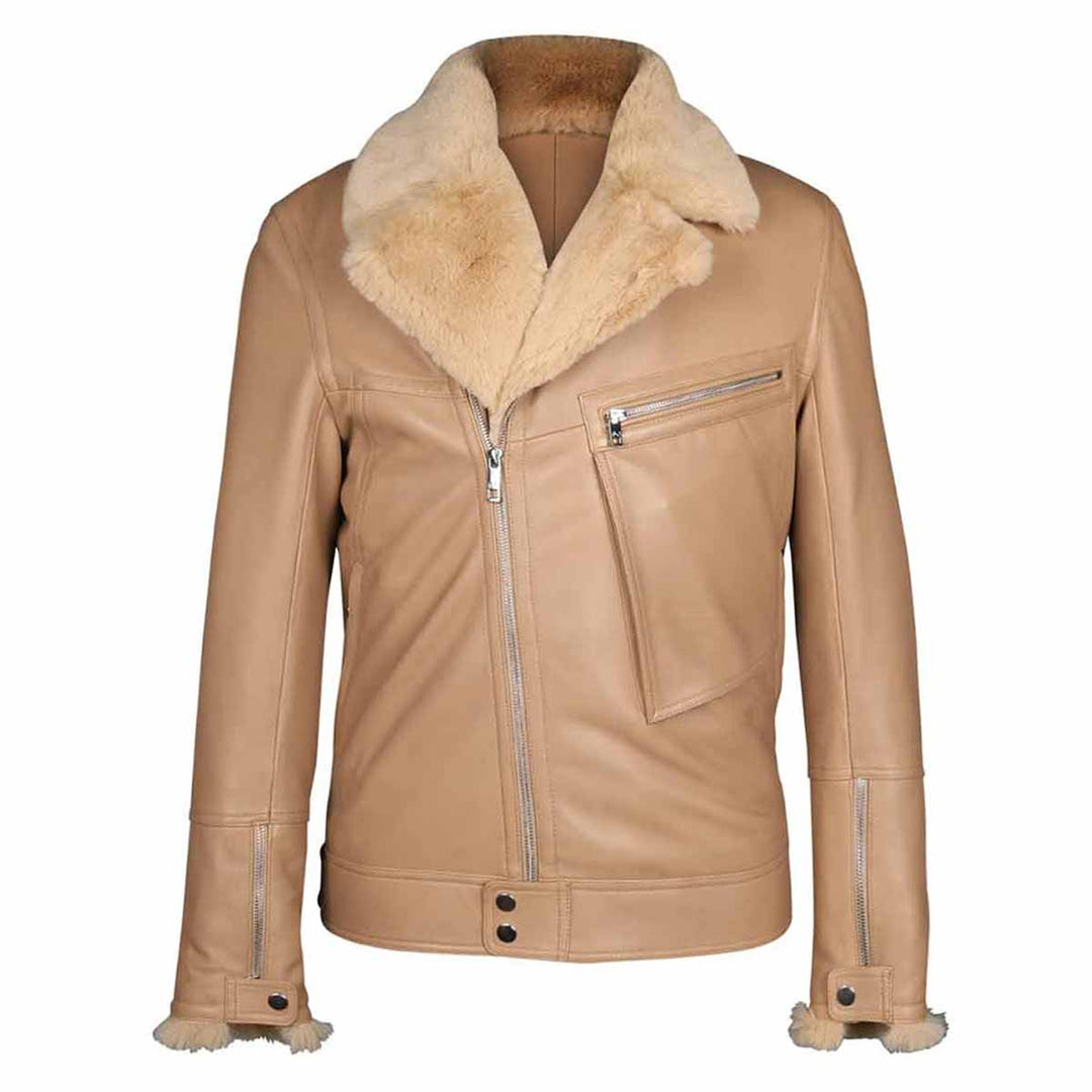 Beige leather biker jacket with a shearling collar, shown on a plain background.