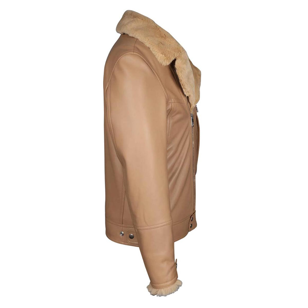 Close-up side view of a beige leather biker jacket's shearling collar.