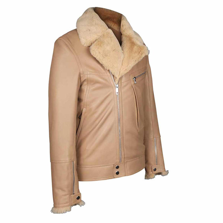 Side view of a beige leather biker jacket showing the shearling collar and zip.