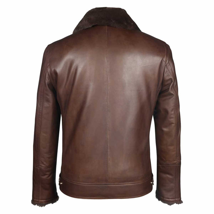 Back view of a brown leather biker jacket showing the shearling collar and seam.