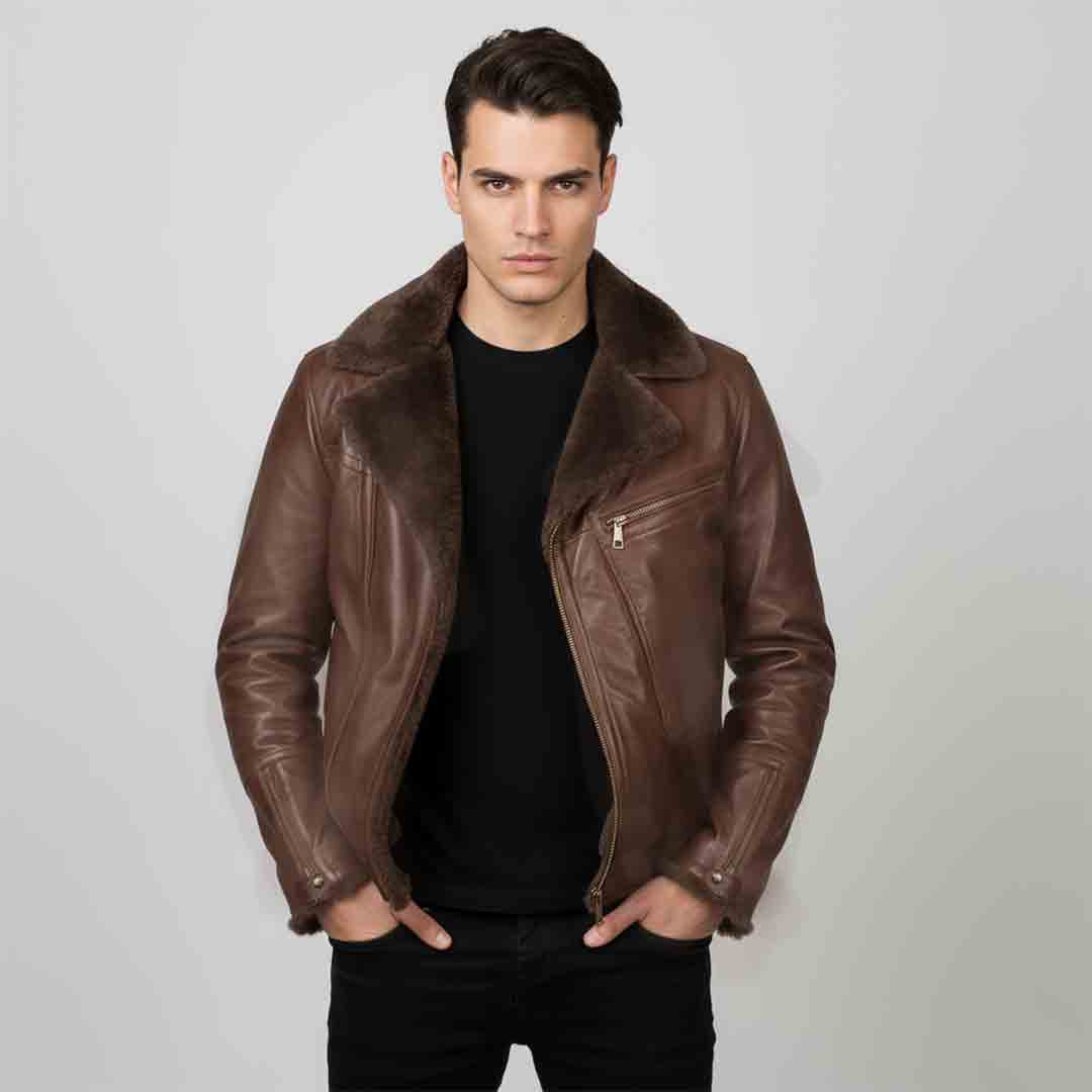 Man wearing an open brown leather biker jacket with a shearling collar.