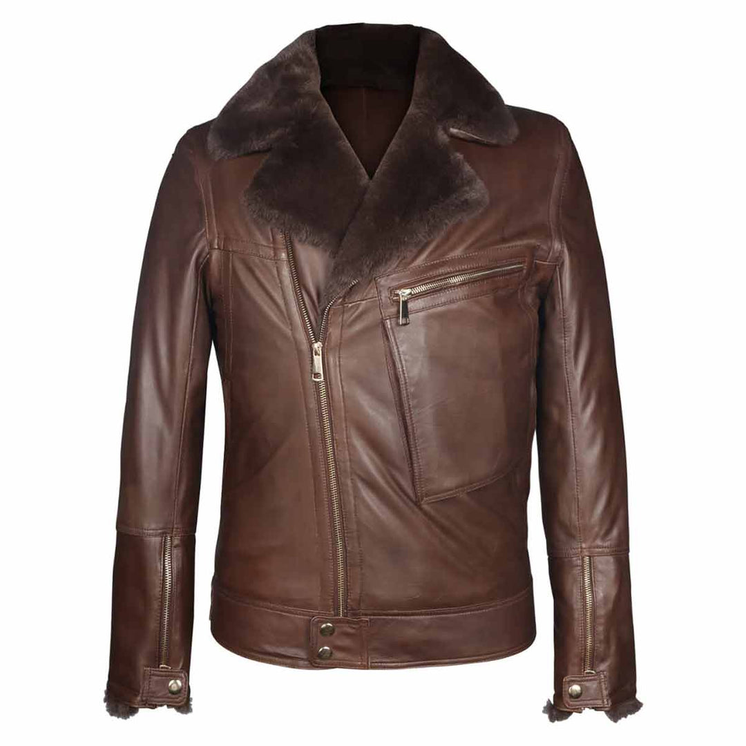Brown leather biker jacket with a shearling collar, shown on a plain background.