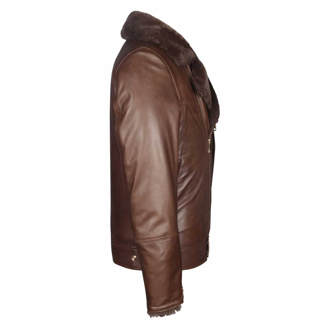 Close-up side view of a brown leather biker jacket's shearling collar.