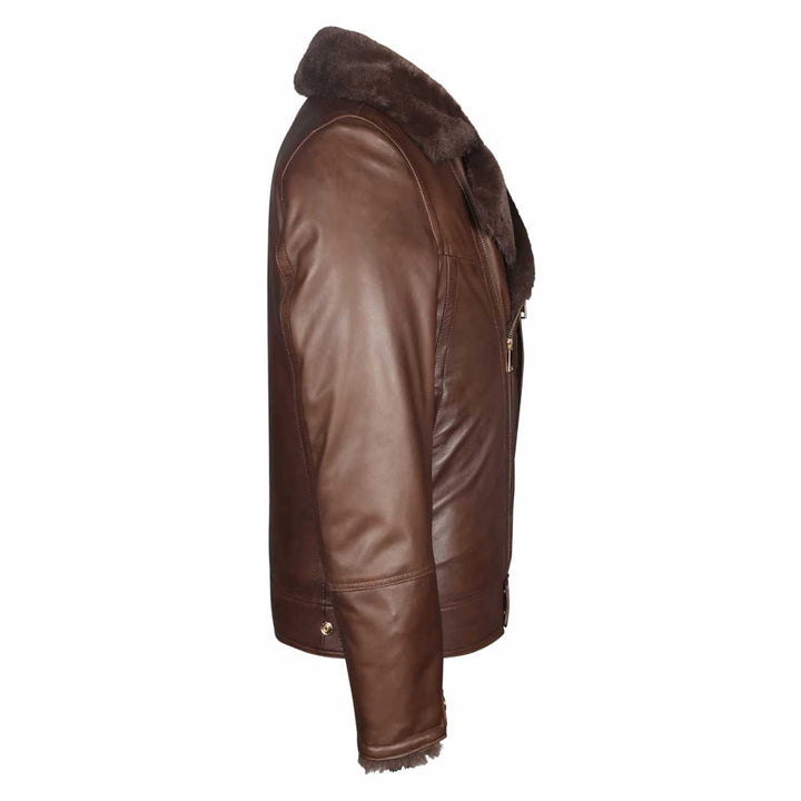 Close-up side view of a brown leather biker jacket's shearling collar.
