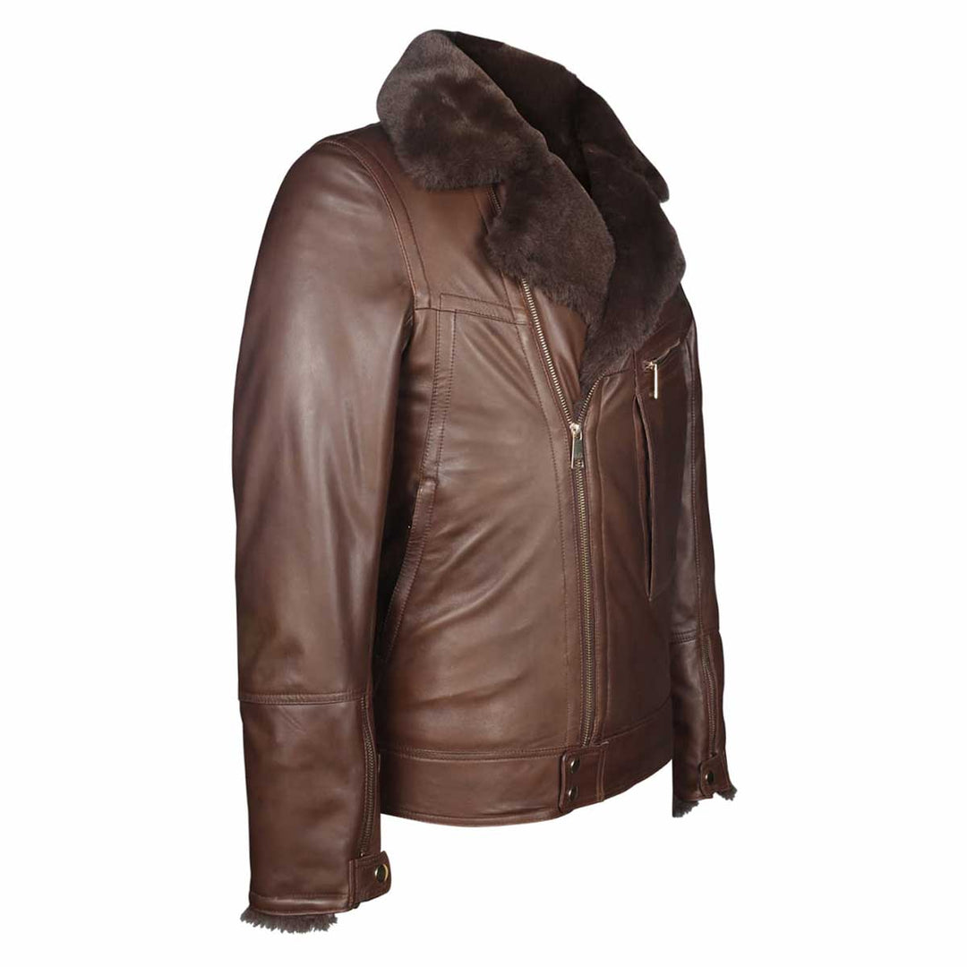Side view of a brown leather biker jacket showing the shearling collar and zip.