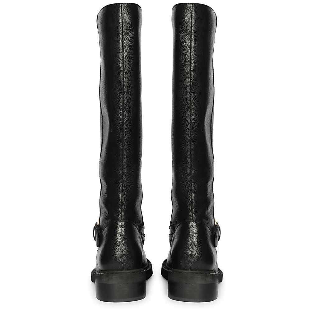 Women's black leather knee high boots, back pair view showing chunky sole