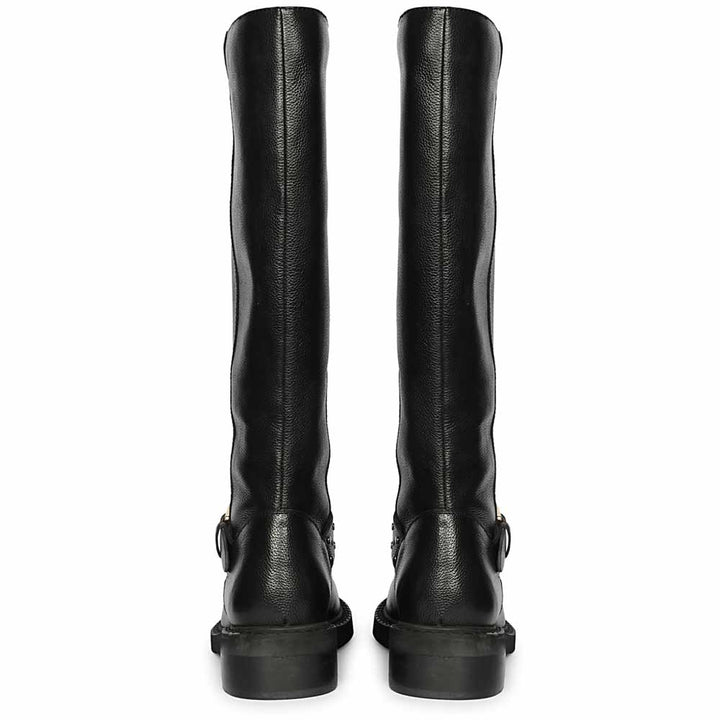 Women's black leather knee high boots, back pair view showing chunky sole