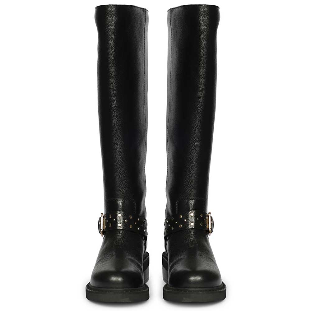 Saint Harley studded harness black leather boots, front pair view