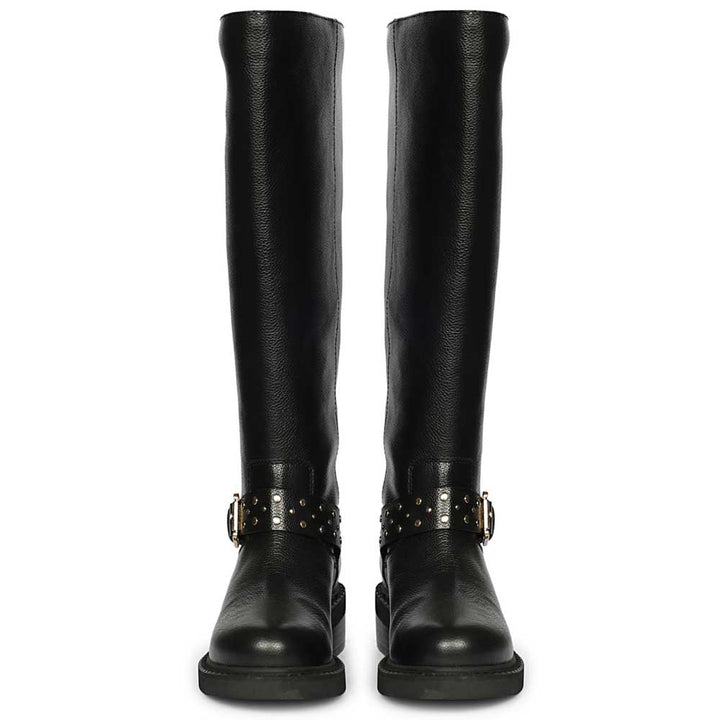 Saint Harley studded harness black leather boots, front pair view