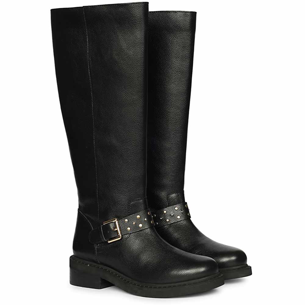 Black leather knee high boots for women UK, pair view showing studded harness strap