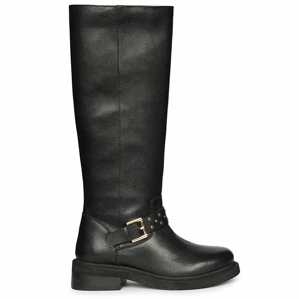 Saint Harley studded harness black leather knee high boots for women, side view of harness buckle