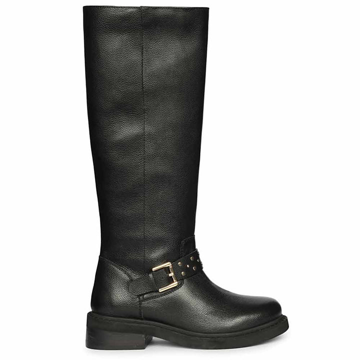 Saint Harley studded harness black leather knee high boots for women, side view of harness buckle